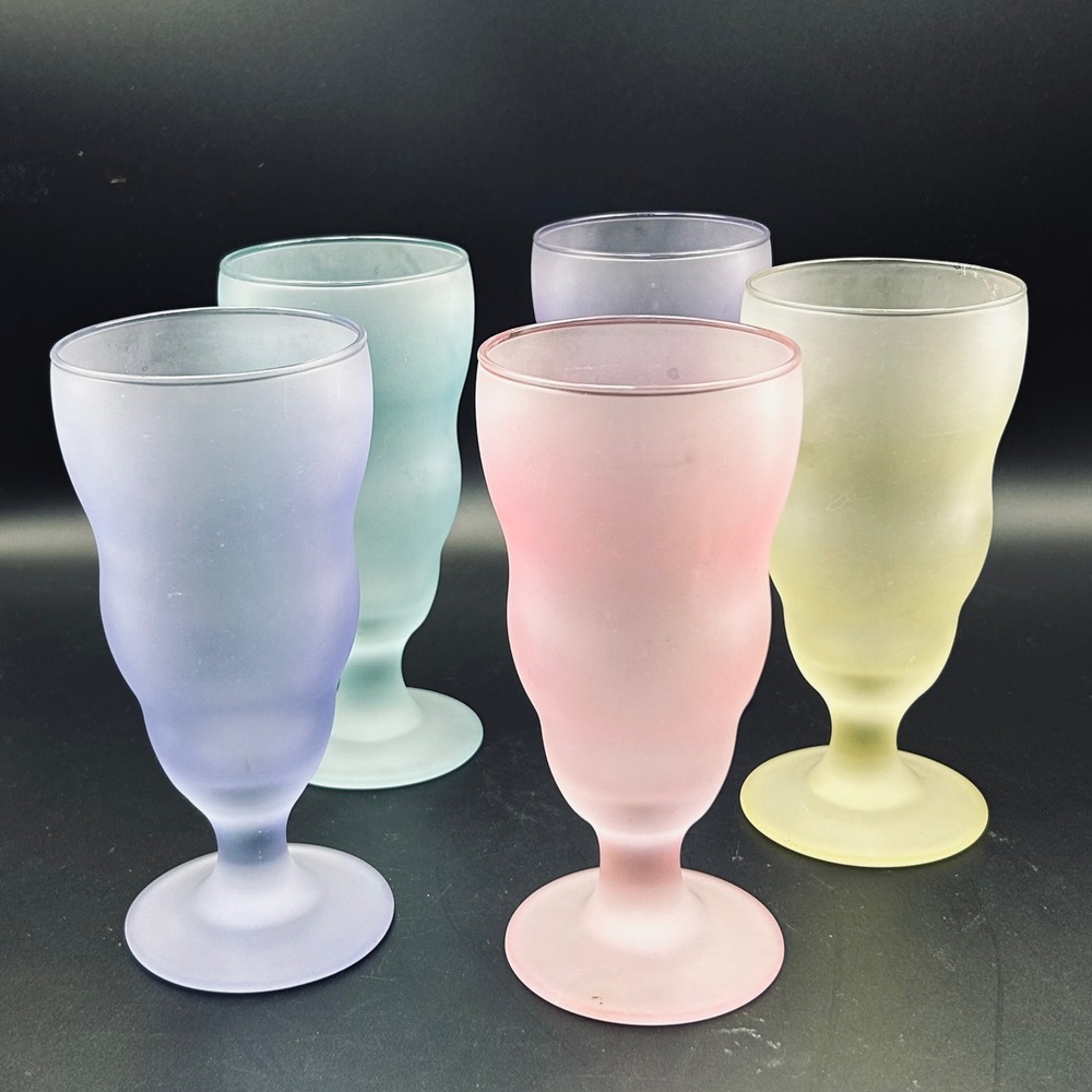 VTG Libbey Watusi Pastel Frosted Glasses Set Mid Century Retro Milkshake Goblets